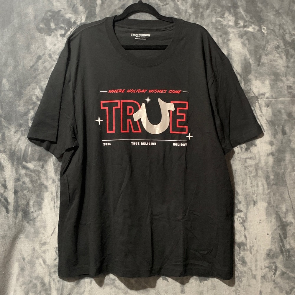 True Religion T-Shirt Mens 3XL 2024 Holiday Wishes Black Graphic EUC